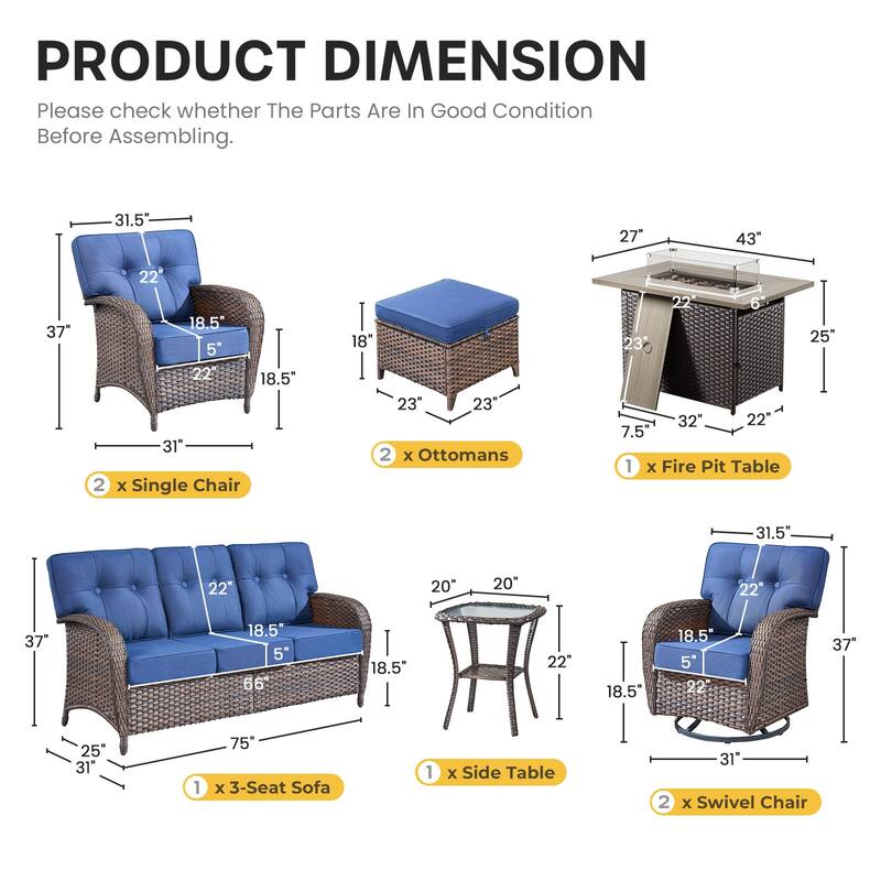 Gymojoy 9-Piece Outdoor Wicker Patio Furniture Sofa Set with 55,000 BTU Fire Pit Table, Swivel Chairs, Ottomans & Side Tables