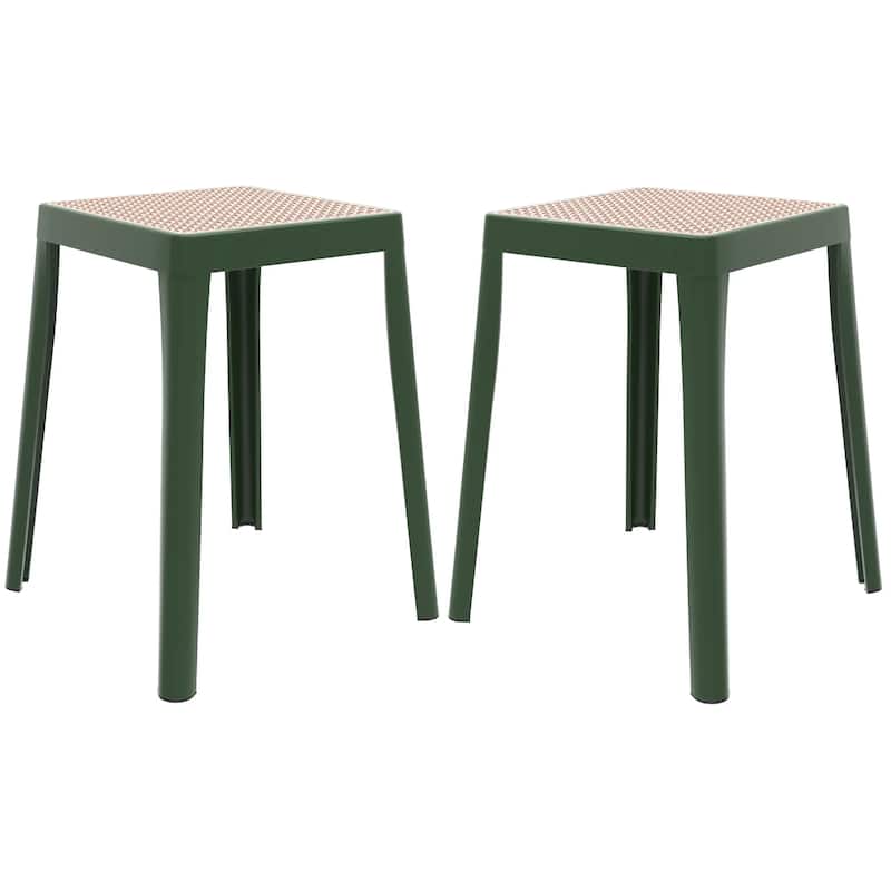 Tresse Modern Stackable Dining Stool with Wicker Seat for Dining Room, Garden, Patio, Indoor or Outdoor Set of 2 - Green