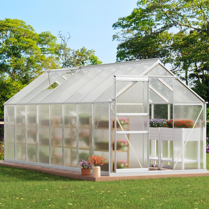 Moasis 6'W X 4/6/8/10/12/16'D Dual-wall PC Walk-in Hobby Greenhouse with Aluminum Frame - 6'W X 16'D