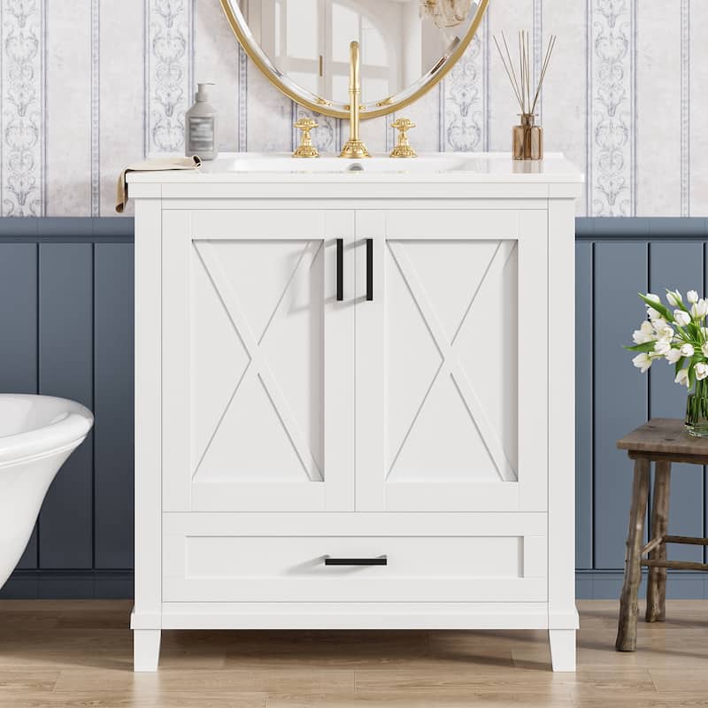 30" Bathroom Vanity with Single Sink - Solid Wood & MDF, 2 Soft-Close Doors, Divided Drawer, Dual Shelves, Compact Storage