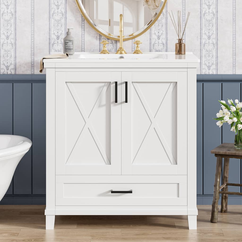 Freestanding Bathroom Vanity with Divided Drawer and Dual Storage Shelves and 2 Soft-Close Doors, for Small to Medium Bathrooms