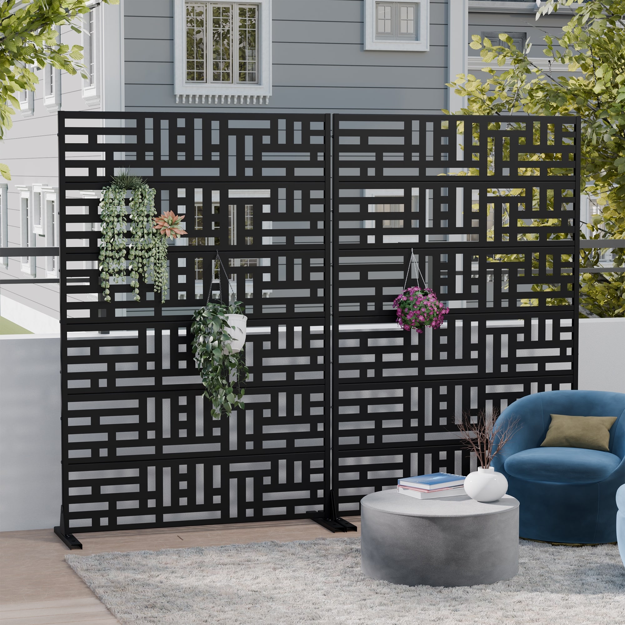 2Pcs Outdoor Freestanding Metal Privacy Screen Decorative Partition Panel for Patio Garden Balcony