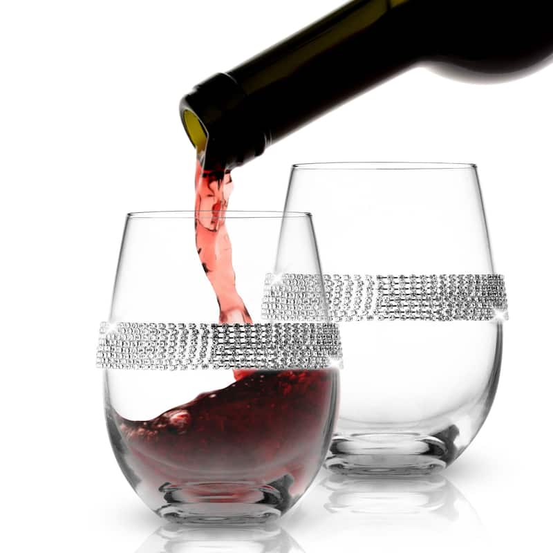 Berkware Stemless Crystal Glass with Silver or Gold Rhinestone Design - 4" x 5" - Set of 2 - Silver