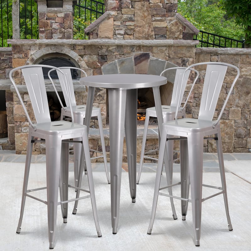 24'' Round Metal Indoor-Outdoor Bar Table Set with 4 Cafe Stools - 24"W x 24"D x 41"H - Silver
