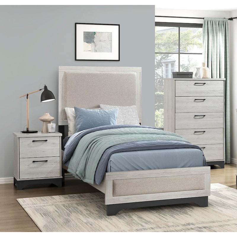 White Oak and Gray Finish Bed Nightstand Chest Set 3pcs Bedroom Furniture - Twin