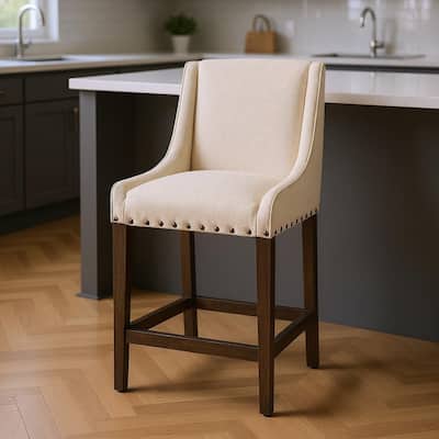 HomeRoots 28" Cream and Brown Fabric and Solid Wood Counter Height Bar Chair