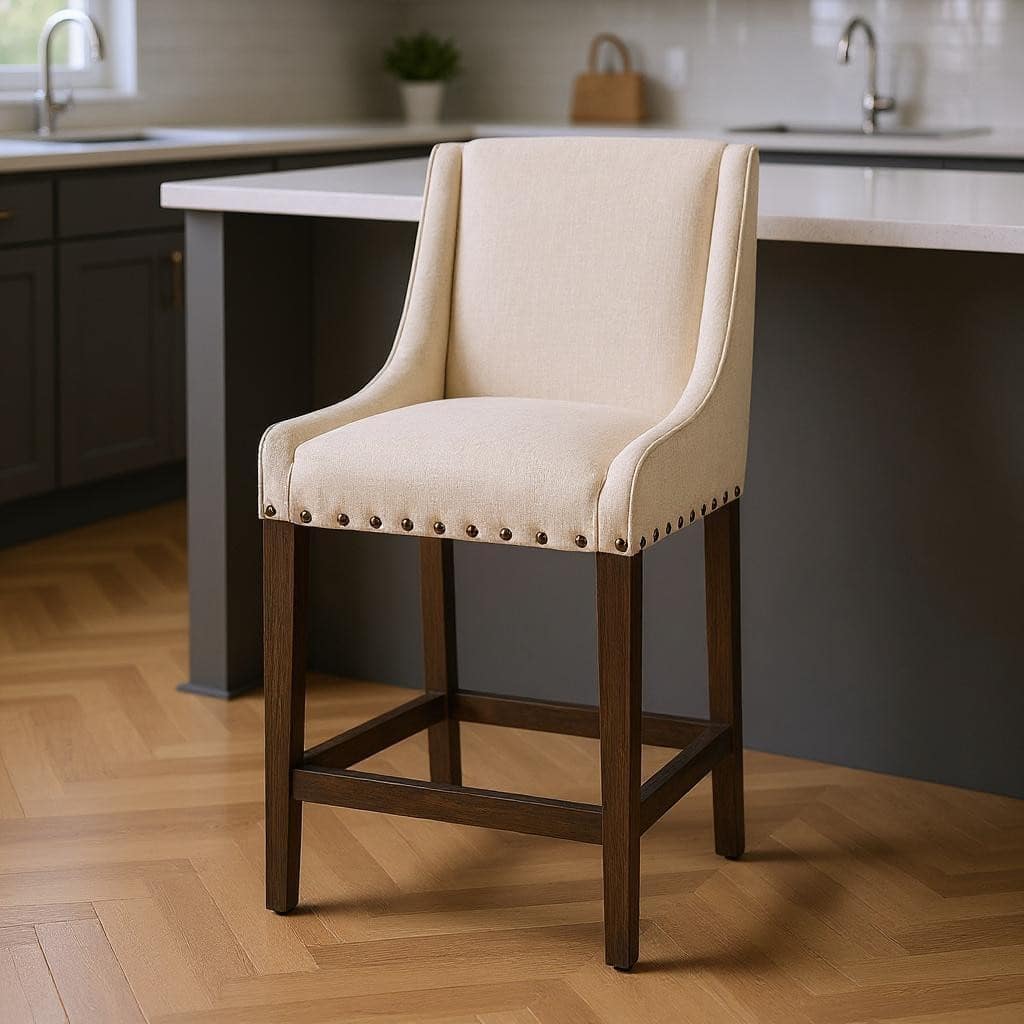 HomeRoots 28" Cream and Brown Fabric and Solid Wood Counter Height Bar Chair