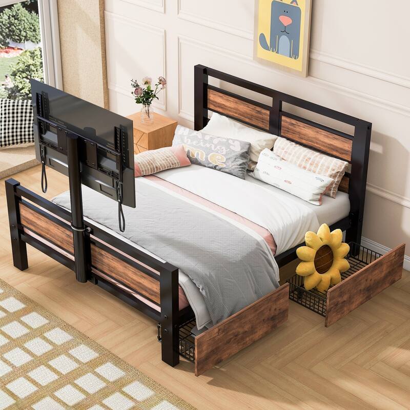 Twin Metal Platform Bed with Storage Drawers, Rotatable TV Stand, MDF Headboard - Black