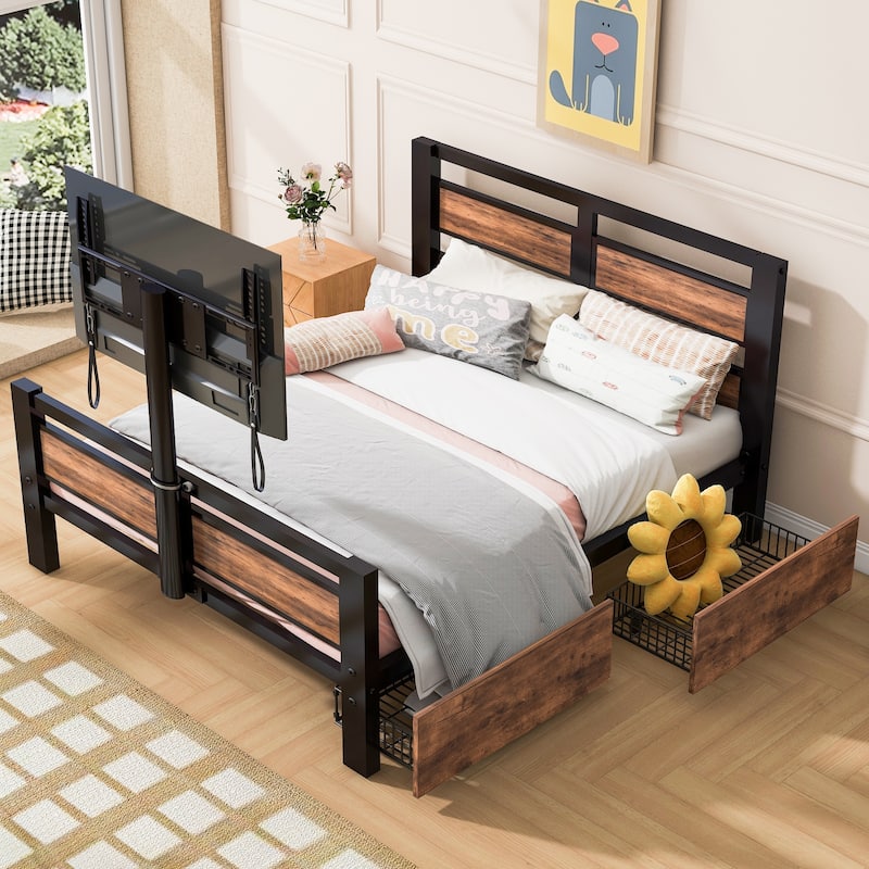 Twin Size Metal Storage Platform Bed with MDF Headboard and Footboard, Two Storage Drawers and Rotatable TV Stand for Bedroom - Black