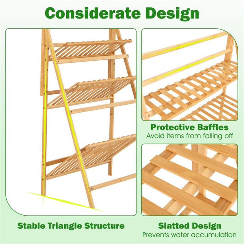 Natural Wicker Plant Stand with 3-Tier Ladder Shelves and Adjustable Hanging Rod for Indoor Plants - 28" x 16" x 47-56"