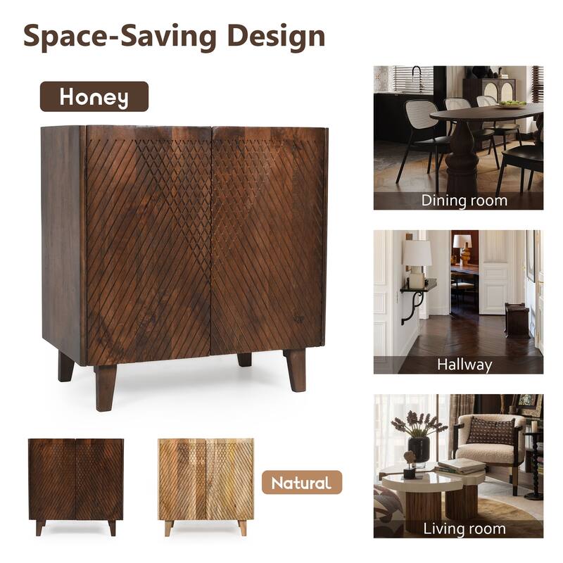 Sideboard Cabinet with 2 Fluted Doors, Mango Wood Storage Cabinet, Buffet Cabinet with Adjustable Shelf & Tapered Legs