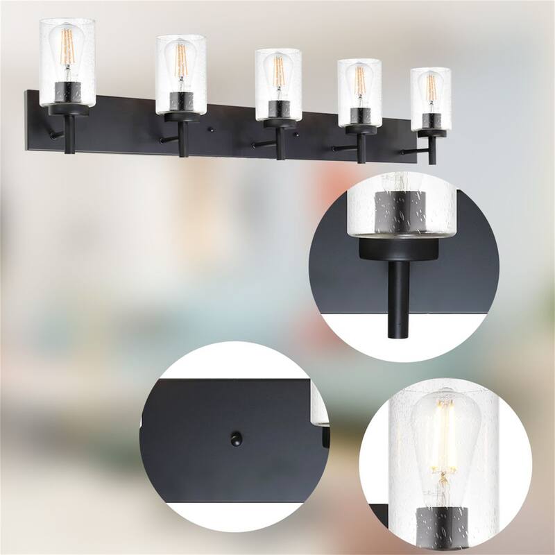 5-Light Black Vanity Light with Seeded Glass Shades