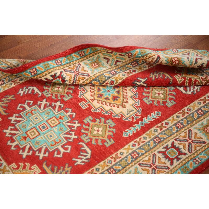 Kazak Rug Hand-Knotted Geometric Red Wool Carpet - 3'3"x 4'10"