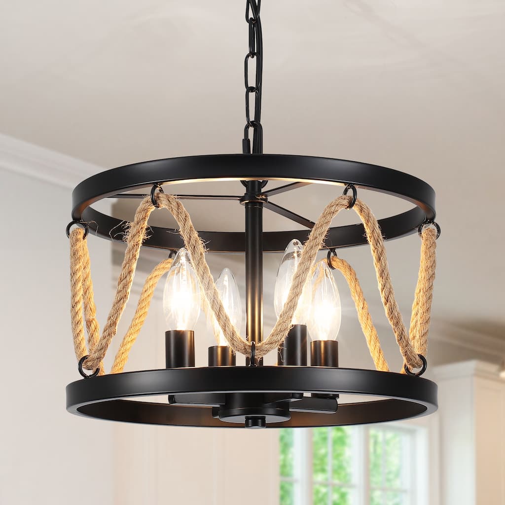 4-Light Drum-shaped Chandelier with Hemp Rope for Kitchen Living Room