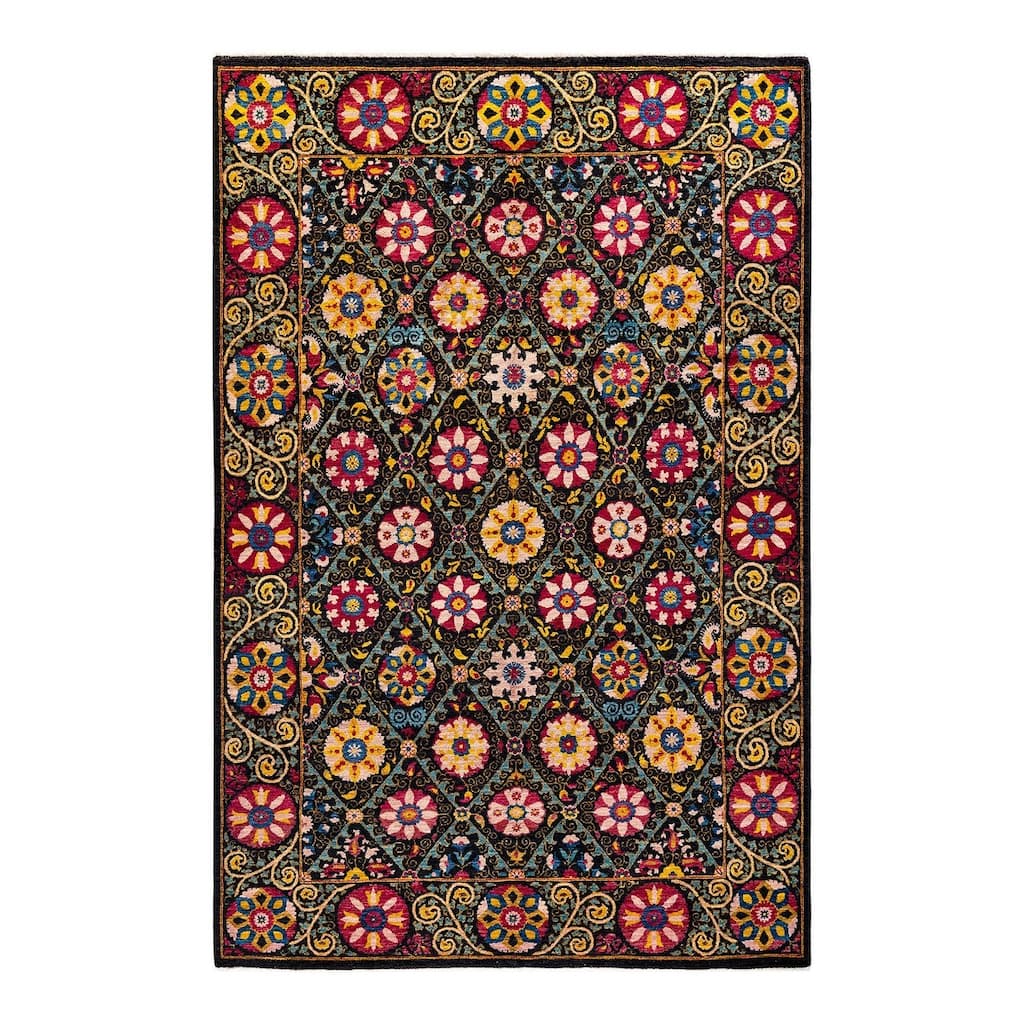 Overton Hand Knotted Wool Vintage Inspired Modern Contemporary Suzani Black Area Rug - 6' 2" x 9' 6"