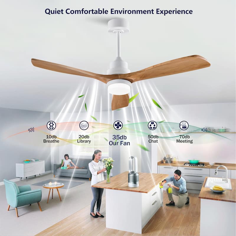 52 Inch Modern Ceiling Fan with LED Light, 3 Solid Wood Blades, Remote Control (3-Color Dimmable & Reversible)