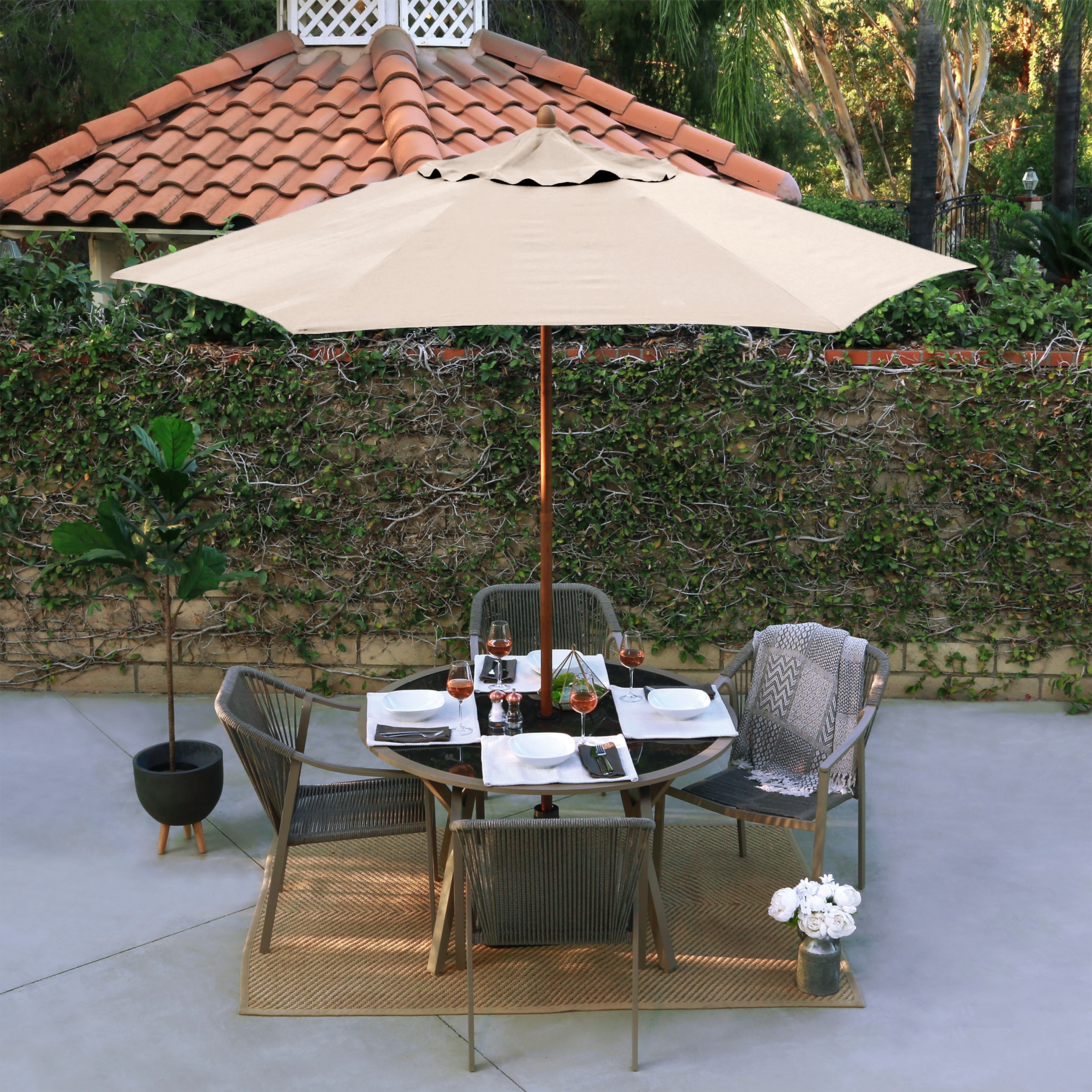 North Bend 9' Rd Faux Wood Steel Patio Umbrella, Push Open Pin Stop by Havenside Home