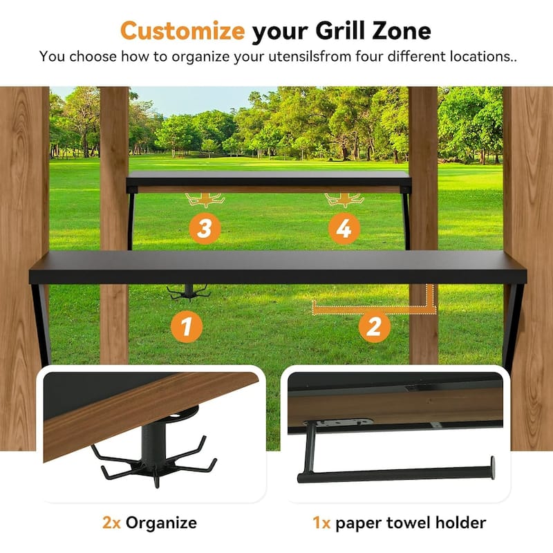 Cedar Wood Gazebo with Shelves and Paper Towel Holder, Patio Pavilion with Galvanized Steel Roof, USB and USB-C Charging Ports