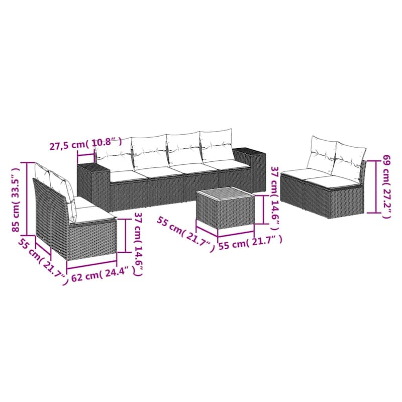 vidaXL Patio Sofa Set with Cushions Outdoor Furniture 9 Piece Poly Rattan