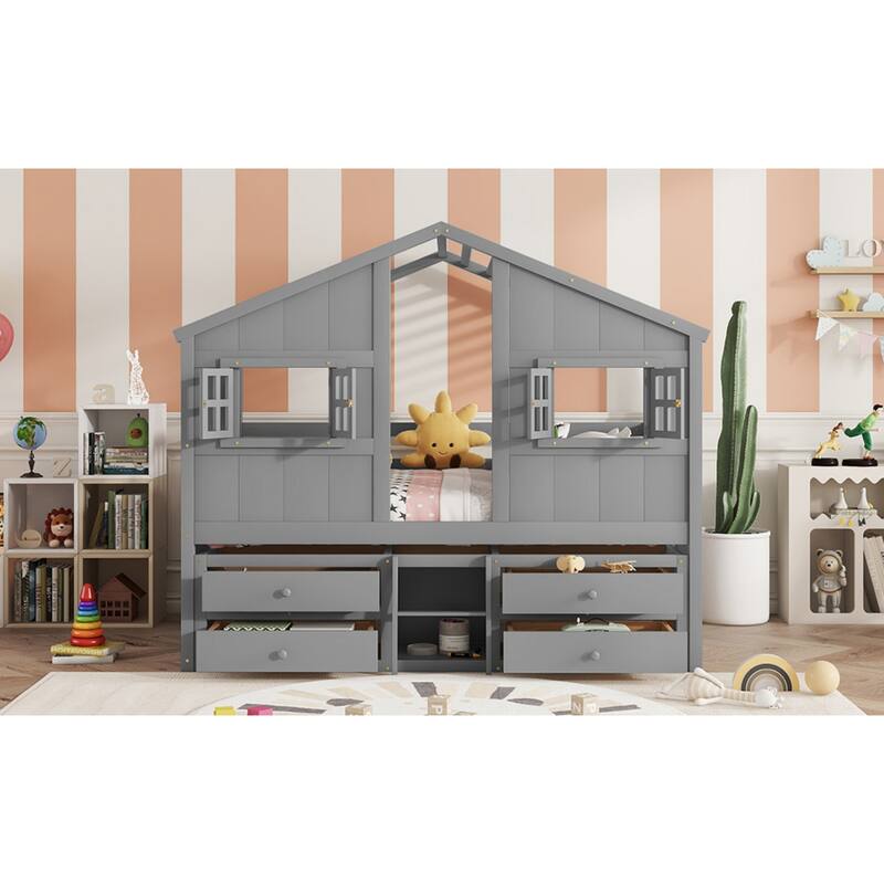 Full Size House Loft Bed with 4 Drawers with Safety Guardrails and Ladder