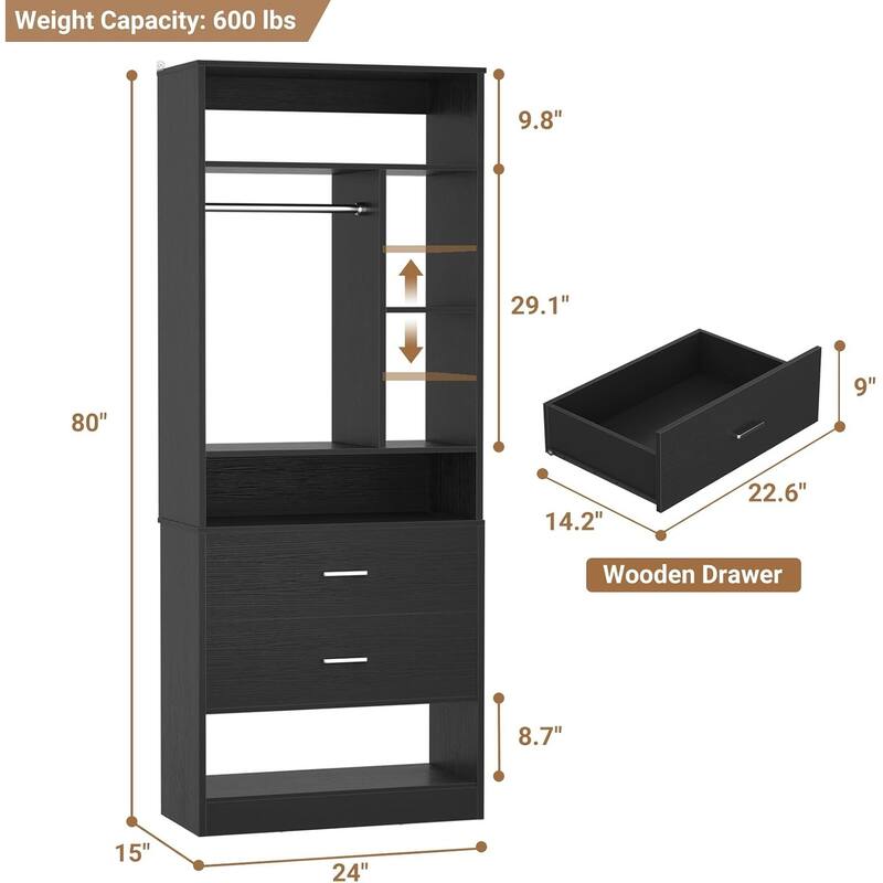 Kyrvo Freestanding 24" Closet System with 2 Wood Drawers,2FT Heavy Duty Walk-in Closet Organizer with 6 Shelves & Hanging Rod