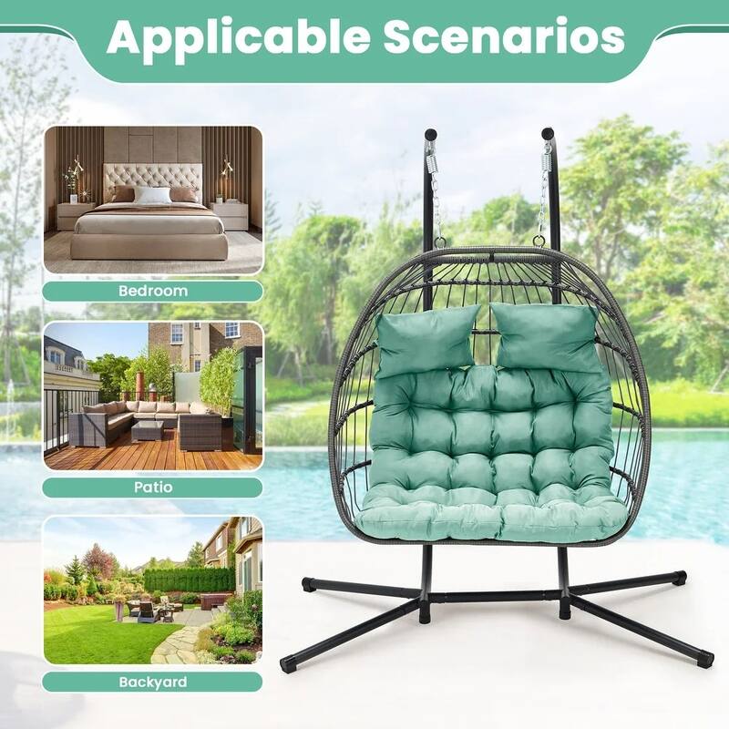 EROMMY Hanging Egg Chair with Stand, Portable Indoor/Outdoor Swinging Chair Featuring Cushion and Pillow, Wicker Swing,Blue