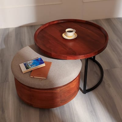 Wooden Table with Metal Stand And Nesting Drum, 27.5X27.5X18"