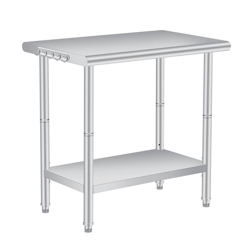 Double Layered Stainless Steel Work Table, Curved Edge Workbench with hooks - Silver, 36x24