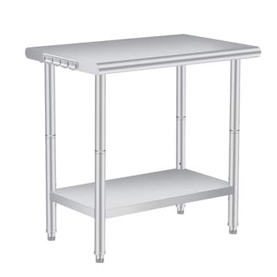 Double Layered Stainless Steel Work Table, Curved Edge Workbench with hooks