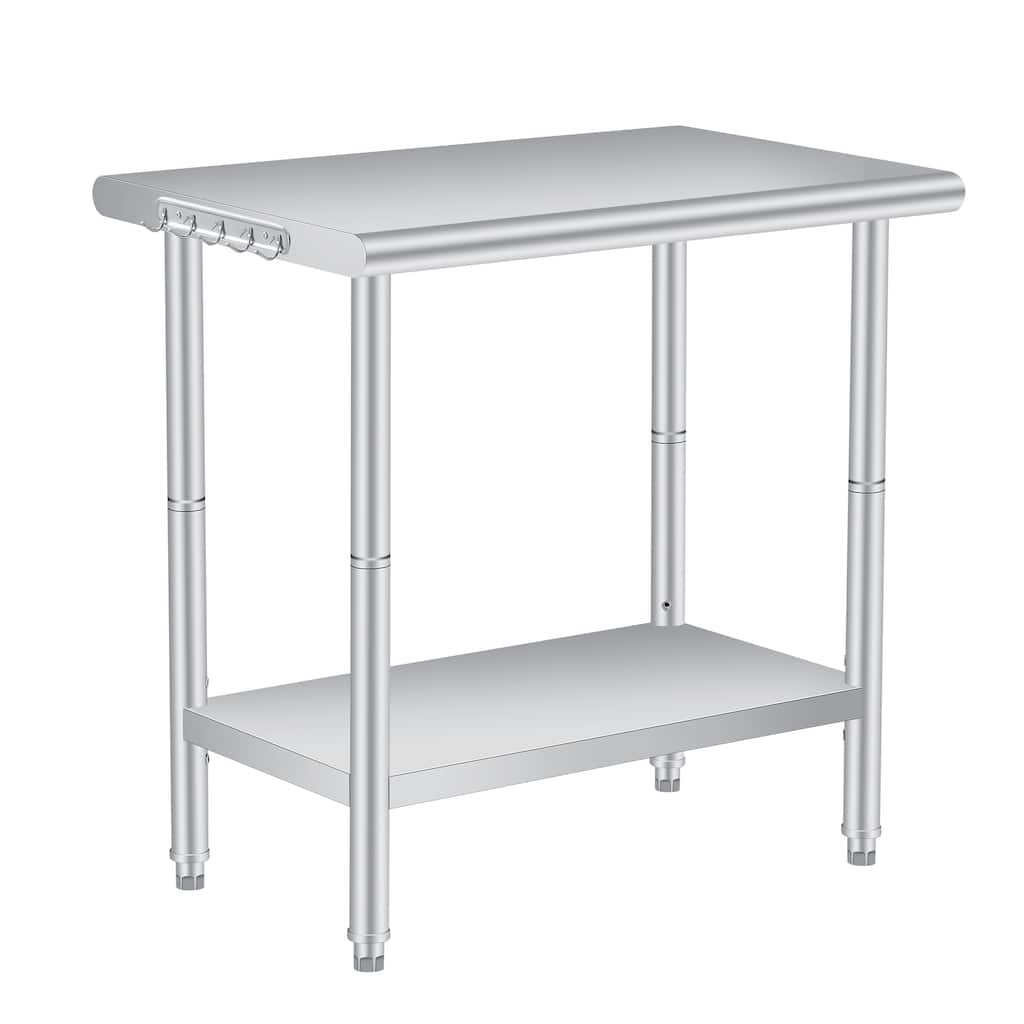 Double Layered Stainless Steel Work Table, Curved Edge Workbench with hooks