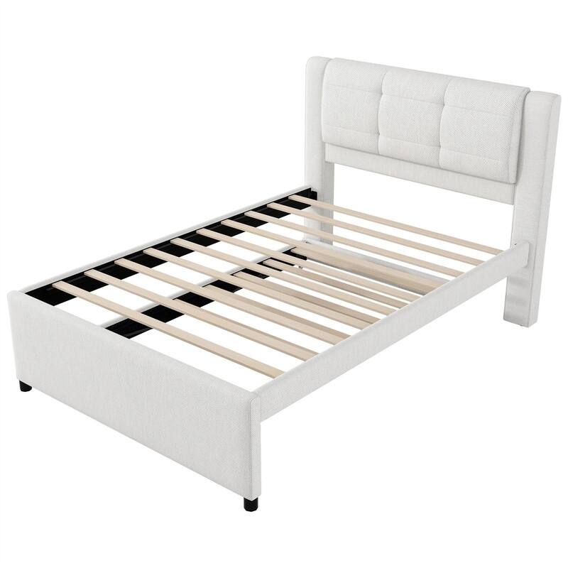 Full Size Upholstered Platform Bed with Pull-Out Trundle, Modern Bed Frame with Headboard, Trundle can be flat or erected
