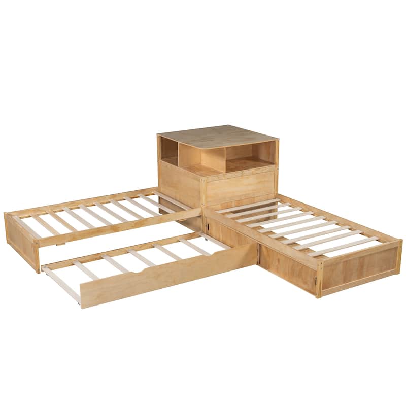 Twin Size L-shaped Bed Frame with Trundle Bed and Storage Cabinets, Desk, Lighting, Corner Platform Storage Bed Frame