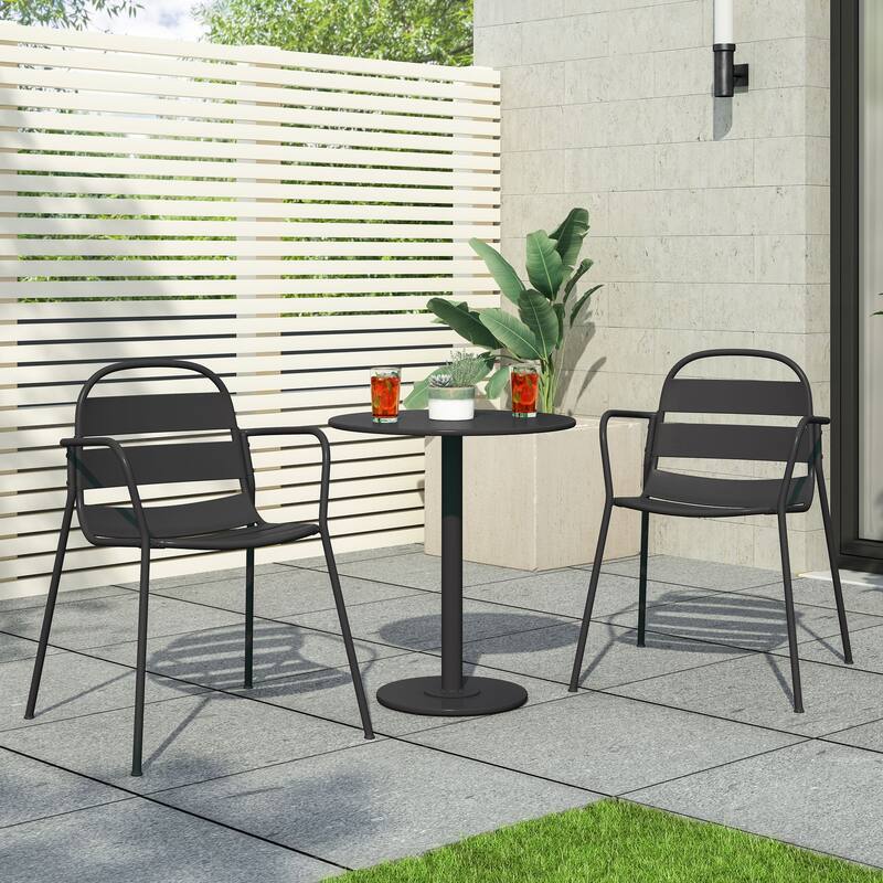 Sleek 3-Piece Outdoor Bistro Set with Powder-Coated Metal Frame, Matte Finish Table & Open Slat Chairs for Patio or Garden