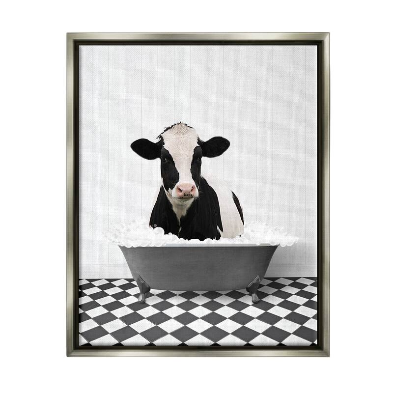 Stupell Farmhouse Bathroom Cow Framed Floater Canvas Wall Art Design by Lettered and Lined - 25 x 31 - Grey