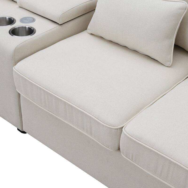 114.2" Modern Linen Fabric Sectional Sofa with Central Console, 2 Cupholders and Charging Station,4 Pillows