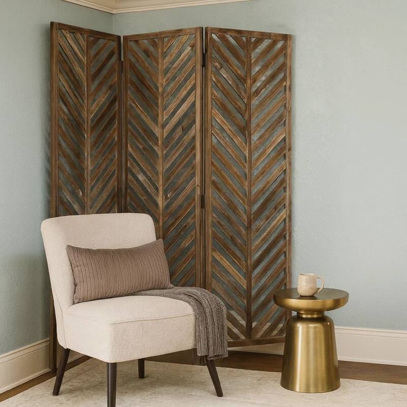 3 Panel Foldable Wooden Screen with Herringbone Pattern, Brown