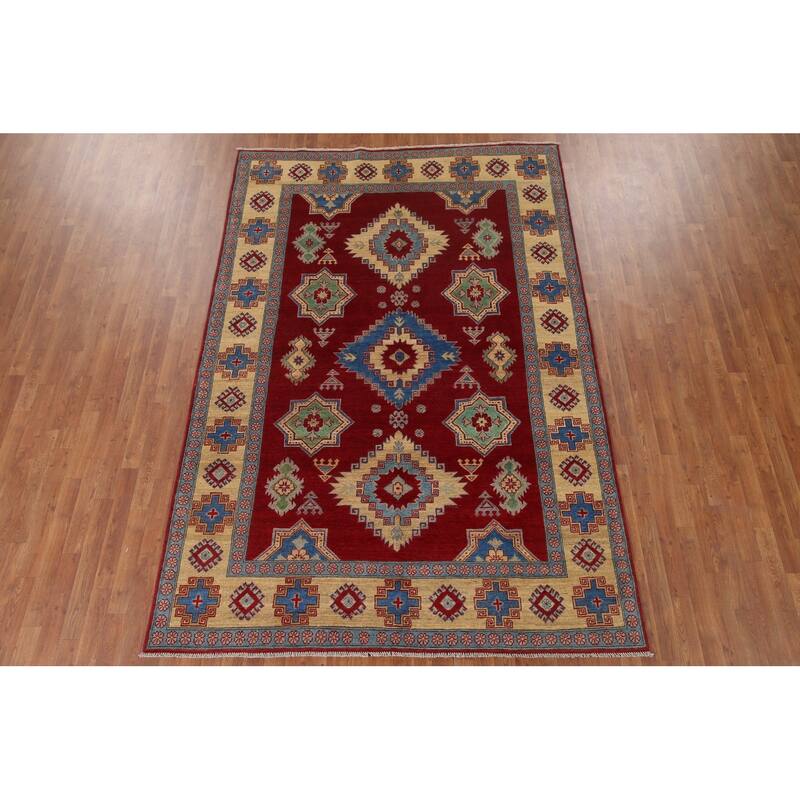 Hand Knotted Oriental 100% Wool Carpet Traditional Geometric Red Kazak Area Rug - 9' 8'' X 6' 7''