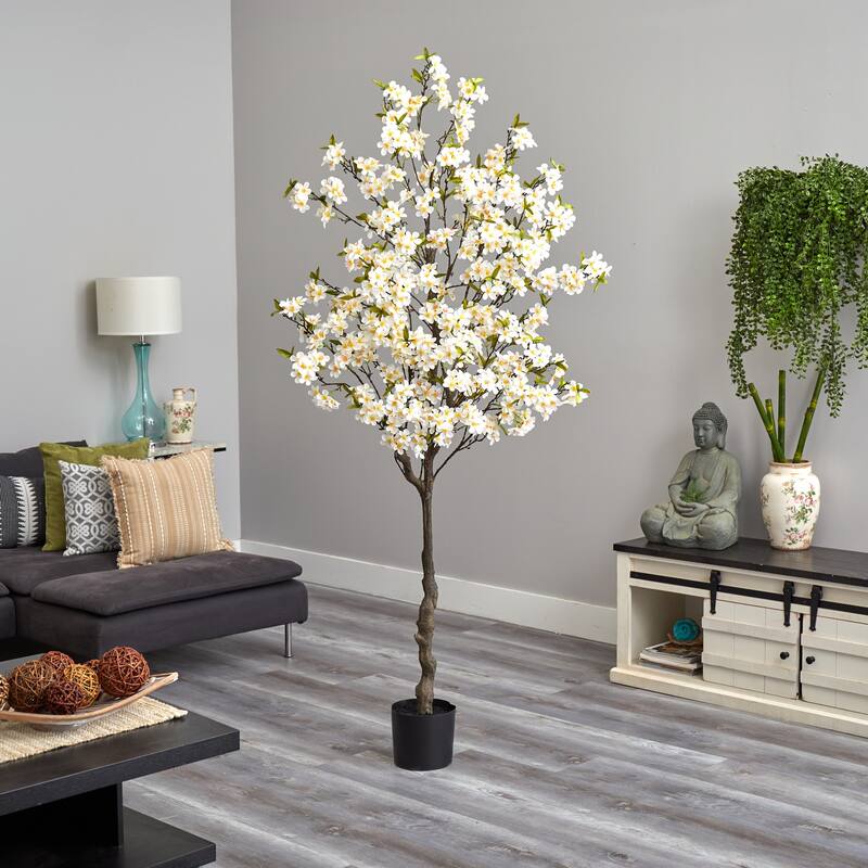 Artificial Apple Flower Tree - 6.5ft Indoor Decorative Tree with Realistic White Blooms - Green - 41-50 Inches