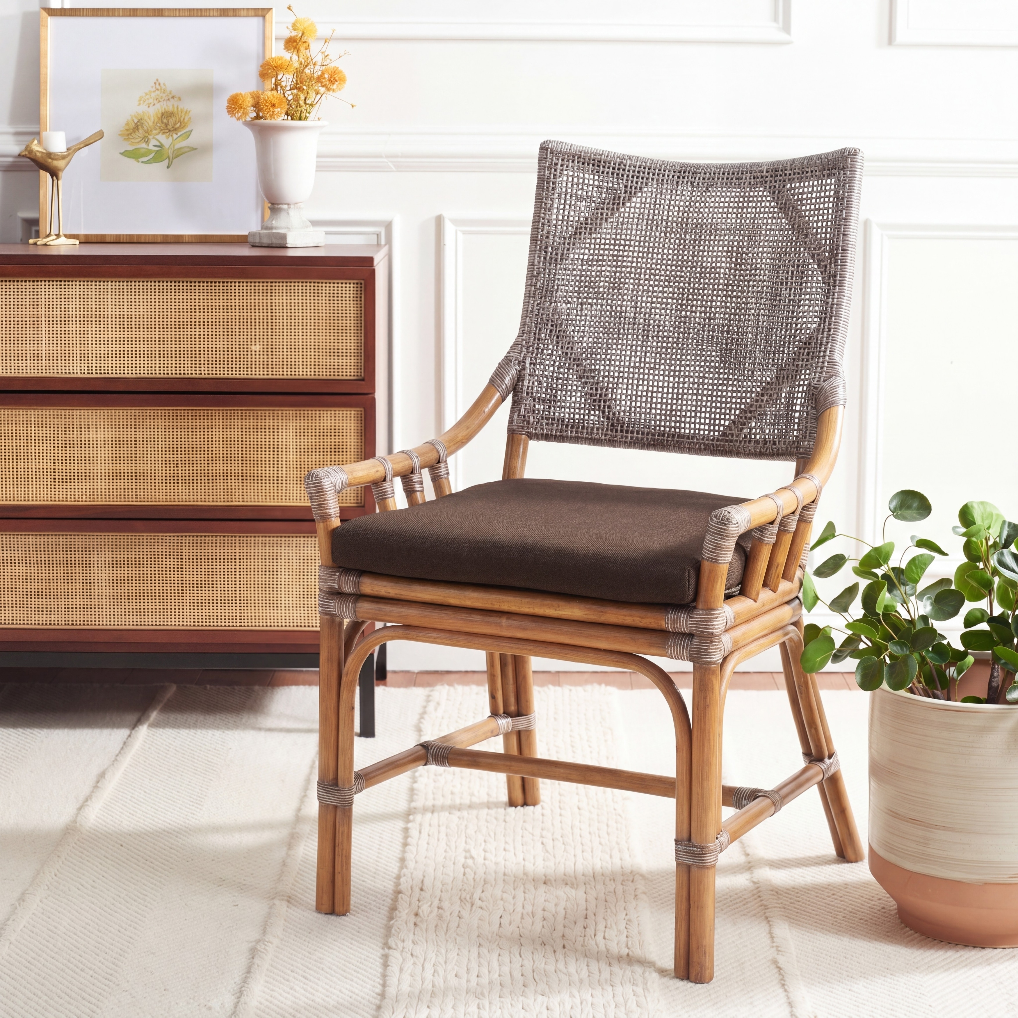 SAFAVIEH Azrielle Coastal Rattan Cushion Chair - 22" W x 24" L x 37" H - 22"W x 24"D x 37"H