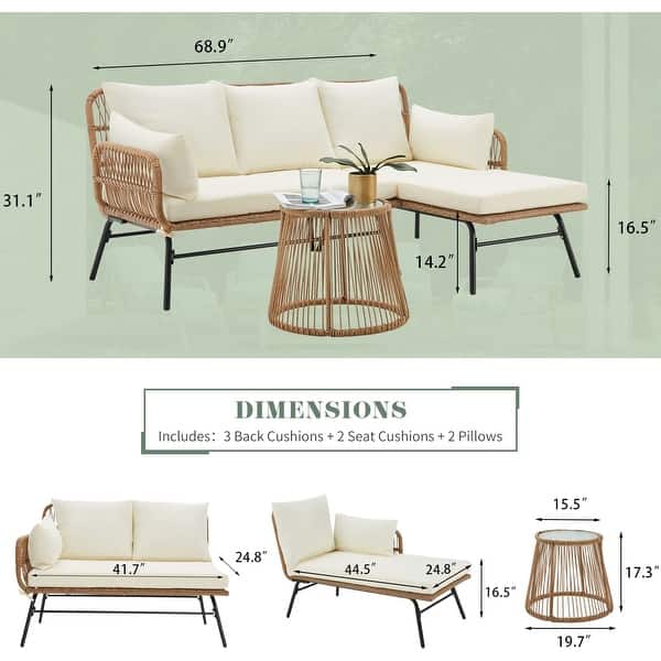 dimension image slide 7 of 8, EROMMY 3-Piece Patio Conversation Set with Glass Table & 2 Armchairs, Seat Cushions