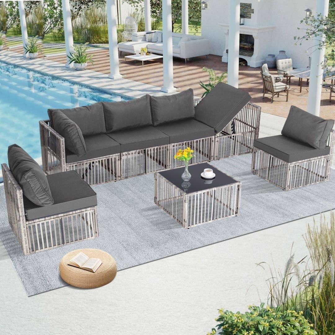 7-Piece Wicker Patio Conversation Set with Cushions,6 Sofas, 1 Table