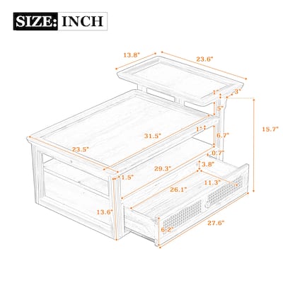 Coffee Table with 1 Storage Shelf and 1 Rattan Drawer