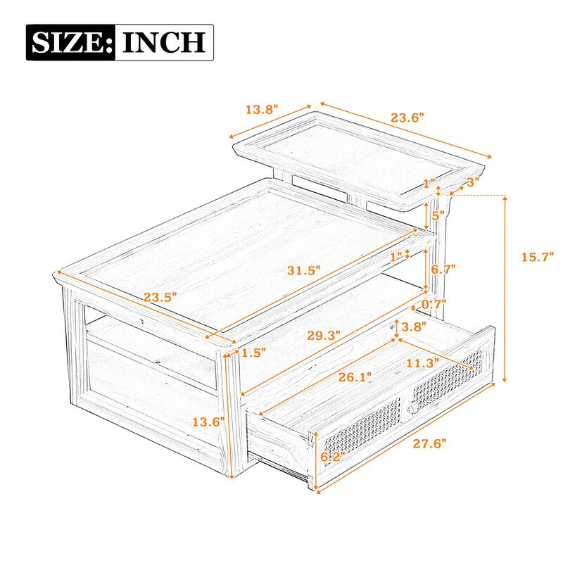Modern Coffee Table Fashion Coffee Table Set with 1 Storage Shelf 2 Tabletops and 1 Rattan Drawer, for Living Room