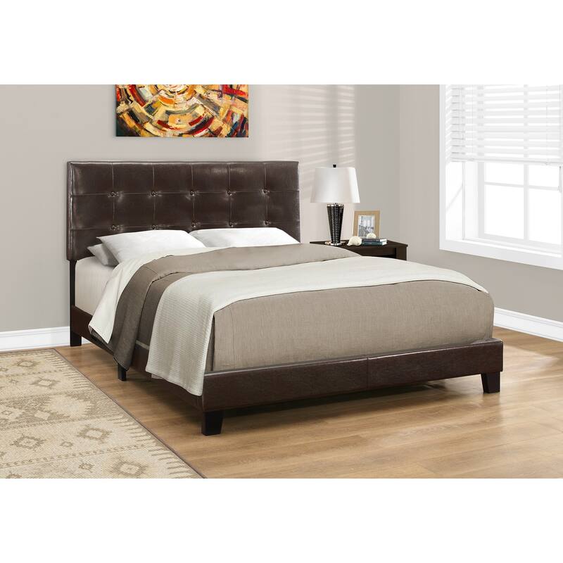 Queen Size Upholstered Bed Frame with Brown Leather Look and Black Legs - Brown