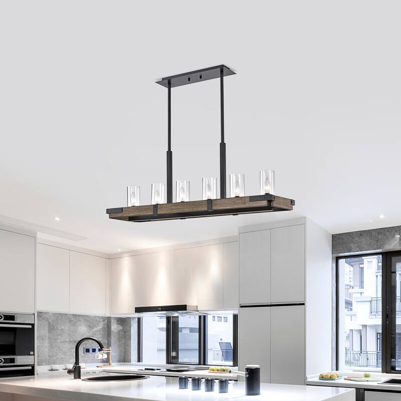 Rudi Forged Black+Imitation Wood Grain 6-Light Linear Chandelier with Clear Glass Cylinder Shades