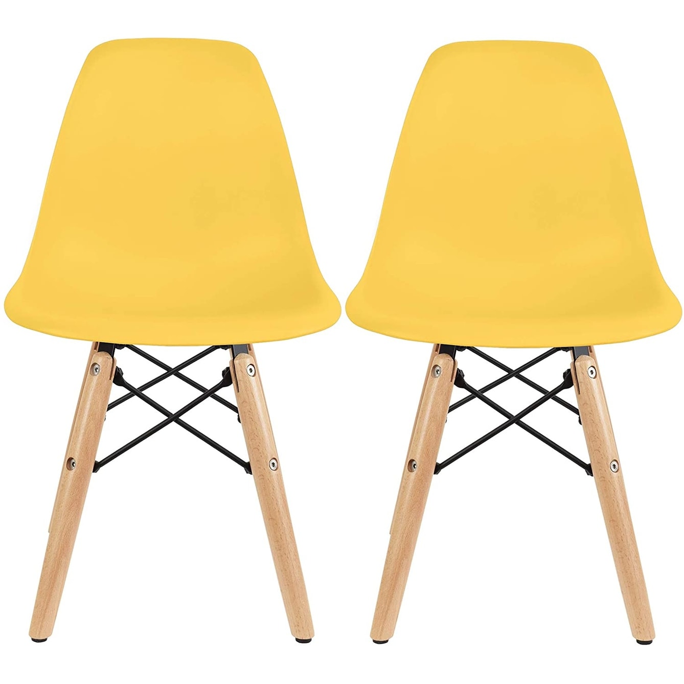 Set of 2 Kids Size Plastic Toddler Chairs with Natural Wooden Dowel Legs for Home School Classroom, Yellow