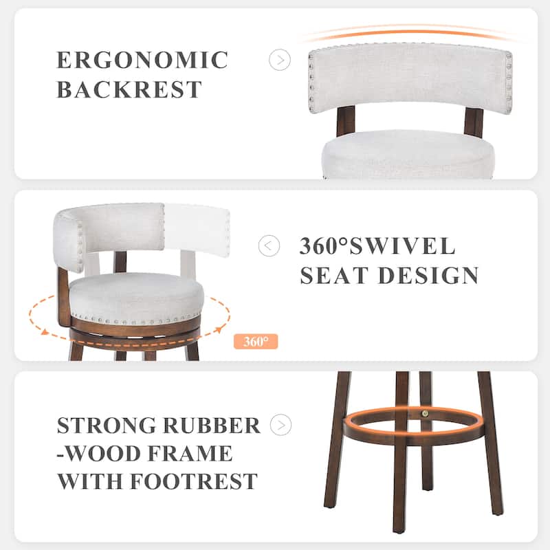 Modern Velvet Swivel Bar Stool - 25" or 30" Counter Height with Adjustable Footrest & Walnut Base, for Kitchen Islands