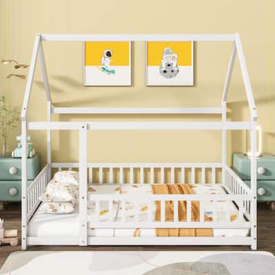 Full Size Rubber Wood Canopy Bed with Roof Frame and Safety Guardrails