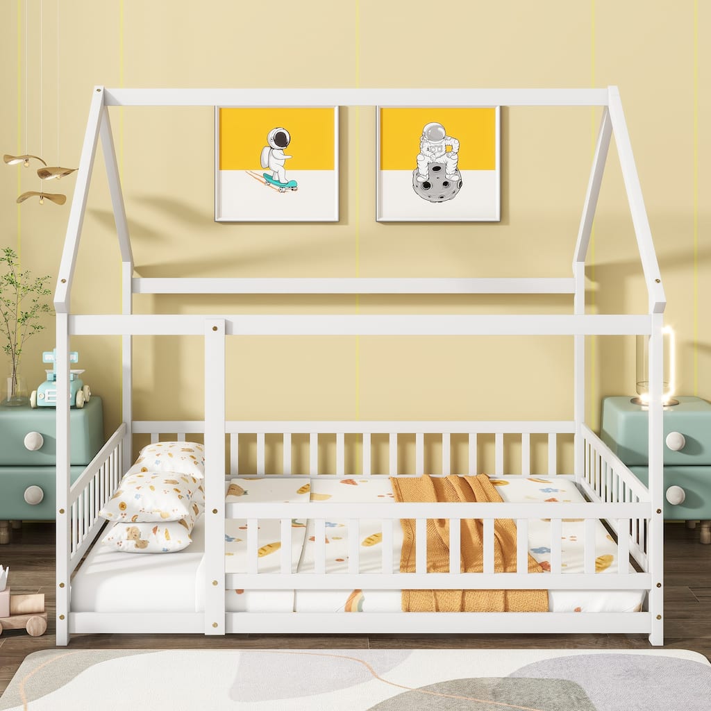 Full Size Wooden House Floor Bed with Roof Frame and Safety Guardrails, White
