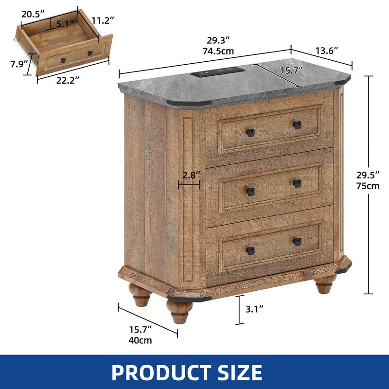 Moasis 3 Drawer Farmhouse Nightstand with USB Ports and Outlets , Bedside Table & End Table for Bedroom